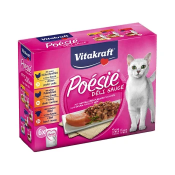 Vitakraft Poesie Deli Sauce Katzenfutter in einer rosa Box, die Huhn, Truthahn und Rindfleisch zeigt, beschriftet mit "zuckerfrei" und "getreidefrei."