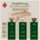 Bild, das ein Empfehlungsschema für Hundekauartikel mit drei Größenkategorien (S, M, L) basierend auf dem Gewicht des Hundes zeigt, mit drei Hundebildern.