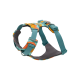 Bunte Hundegeschirr mit einem türkisfarbenen, orangefarbenen und grauen Design, mit verstellbaren Riemen und einem Metall-D-Ring zur Leinenbefestigung.