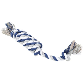 Ein geflochtenes Hundespielzeug aus blauen, grauen und weißen Seilen, mit ausgefransten Enden für zusätzliche Textur und Verspieltheit.