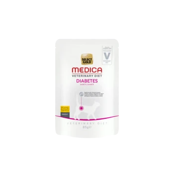 Wählen Sie Gold Medica Veterinärdiät für Diabetes, 85g Beutel, mit einer Katzensilhouette und Text, der anzeigt, dass es sich um eine spezielle Diät für diabetische Haustiere handelt.