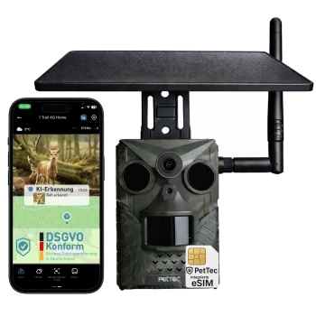 Tarnfarbenes solarbetriebenes Wildkamera-Gerät mit Antenne und Smartphone-App, die „KI-Erkennung“ und „DSGVO konform“ anzeigen; Kennzeichnung: PetTec integrierte eSIM.