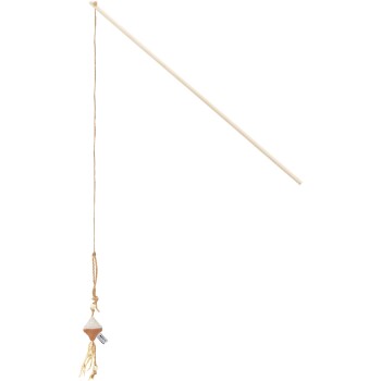 Ein beige-weißes Haustier-Spielzeug in Form eines Dreiecks mit einem Quast, das an einem Seil hängt.