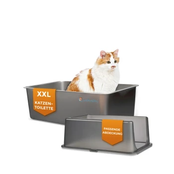 Orange-weiße Katze in einer grauen XXL-Katzentoilette mit passender Abdeckung; Beschriftungen: 'XXL KATZEN-TOILETTE' und 'PASSENDE ABDECKUNG'.
