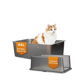 Orange-weiße Katze in einer grauen XXL-Katzentoilette mit passender Abdeckung; Beschriftungen: 'XXL KATZEN-TOILETTE' und 'PASSENDE ABDECKUNG'.