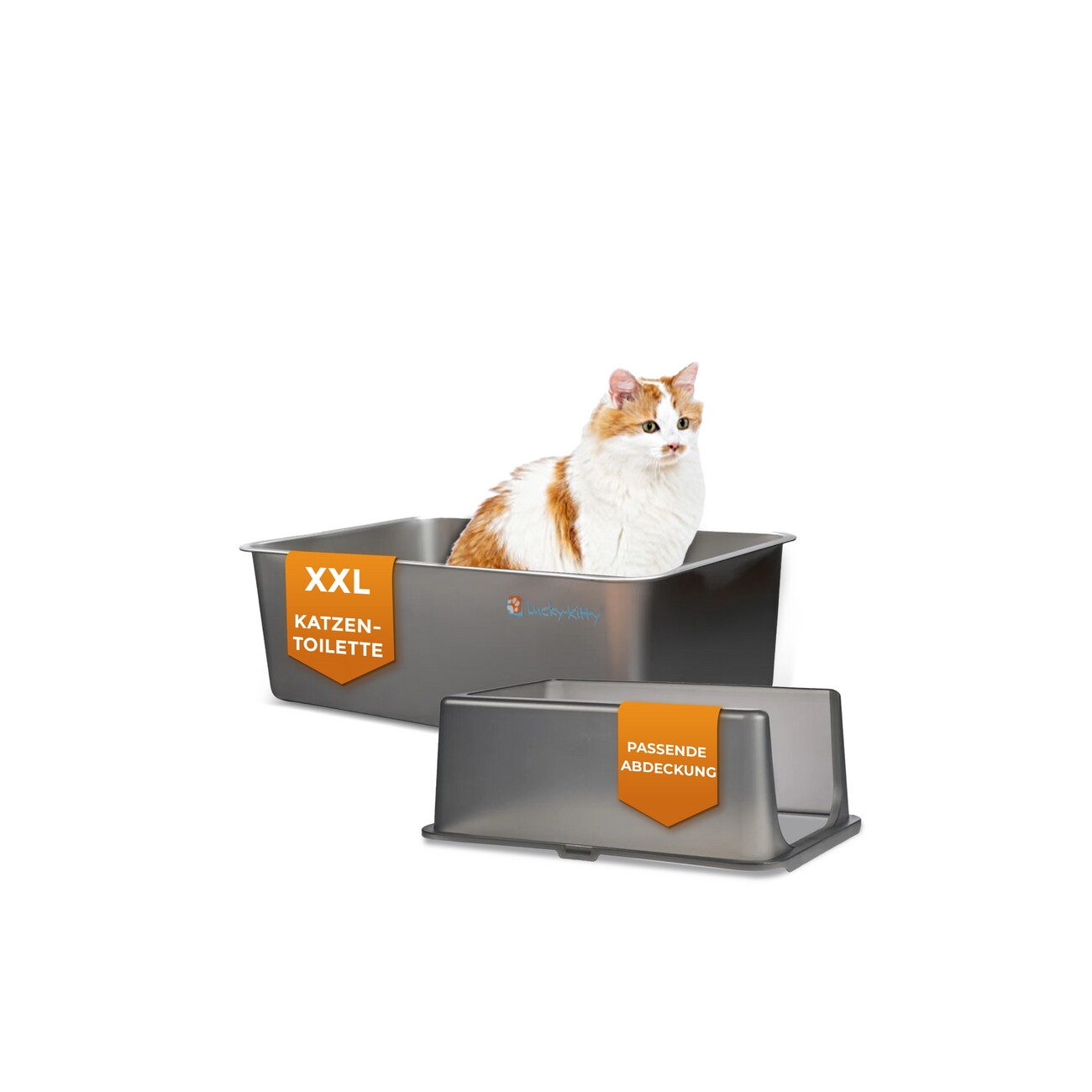 Lucky-Kitty Katzentoilette XXL (Edelstahl Natur) + Haube (Schwarz transparent)