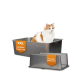 Orange-weiße Katze in einer grauen XXL-Katzentoilette mit passender Abdeckung; Beschriftungen: 'XXL KATZEN-TOILETTE' und 'PASSENDE ABDECKUNG'.