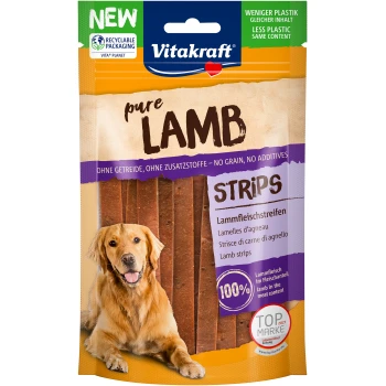 Vitakraft pure Lammstreifen Hundeleckerliverpackung mit einem Golden Retriever, mit einem Text, der "100 % Lamm" und "kein Getreide, keine Zusatzstoffe" hervorhebt.