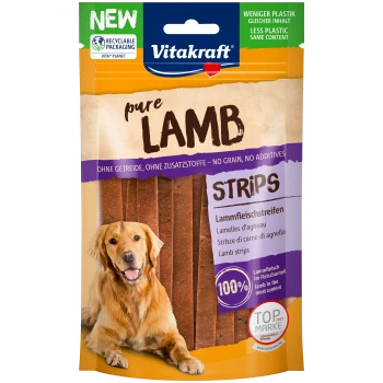 Vitakraft pure Lammstreifen Hundeleckerliverpackung mit einem Golden Retriever, mit einem Text, der "100 % Lamm" und "kein Getreide, keine Zusatzstoffe" hervorhebt.