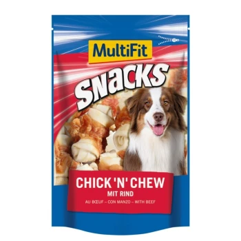 Ein bunter Snackbeutel für Haustiere mit einem lächelnden Australian Shepherd Hund, beschriftet mit "MultiFit Snacks Chick 'n' Chew mit Rind".