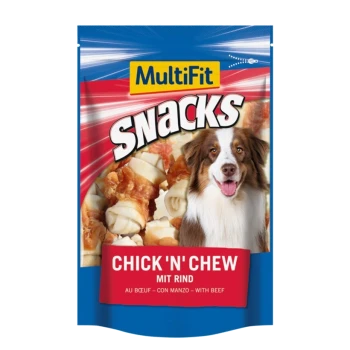 Ein bunter Snackbeutel für Haustiere mit einem lächelnden Australian Shepherd Hund, beschriftet mit "MultiFit Snacks Chick 'n' Chew mit Rind".