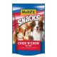 Ein bunter Snackbeutel für Haustiere mit einem lächelnden Australian Shepherd Hund, beschriftet mit "MultiFit Snacks Chick 'n' Chew mit Rind".