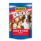 Ein bunter Snackbeutel für Haustiere mit einem lächelnden Australian Shepherd Hund, beschriftet mit "MultiFit Snacks Chick 'n' Chew mit Rind".