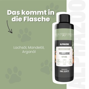 Flasche ALPHAZOO Care "Fellliebe" Haustieröl für Fell und Haut, mit umweltfreundlicher Verpackung und geeignet für alle Rassen.