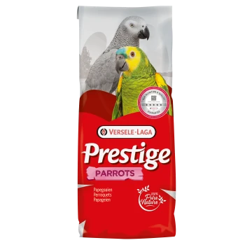 Roter Versele-Laga ‚Prestige Parrots‘ Futtersack mit einem Graupapagei und einem grün-gelben Papagei sowie einem Badge '100% Pure Nature'.