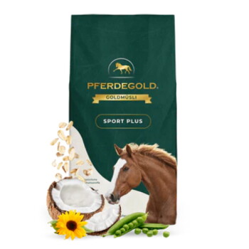 Grüne Tüte mit Aufschrift PFERDEGOLD GOLDMUSLI SPORT PLUS mit Pferdekopf, Kokosnuss, Sonnenblume, Erbsen und Hafer.