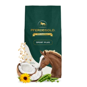 Grüne Tüte mit Aufschrift PFERDEGOLD GOLDMUSLI SPORT PLUS mit Pferdekopf, Kokosnuss, Sonnenblume, Erbsen und Hafer.