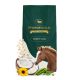 Grüne Tüte mit Aufschrift PFERDEGOLD GOLDMUSLI SPORT PLUS mit Pferdekopf, Kokosnuss, Sonnenblume, Erbsen und Hafer.