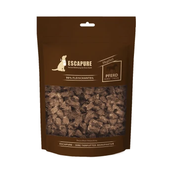 Braune Verpackung von ESCAPURE-Hundeleckerlis mit 98% Pferdefleisch, mit einem klaren Fenster, das die kaubaren Stücke im Inneren zeigt.
