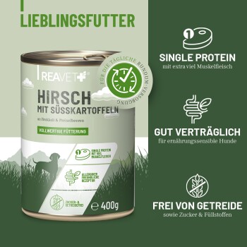 Dose Hundefutter mit der Aufschrift "Hirsch mit Süßkartoffeln" mit Wildfleisch, Süßkartoffeln, Brokkoli und Cranberries; getreidefrei und gut verdaulich.