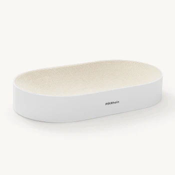 Ein elegantes, modernes Haustierbett in ovaler Form, mit einem weißen Äußeren und einem strukturierten beigen Inneren, beschriftet mit 'PëtRhein.'