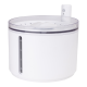 Weiße Haustier-Wasserfontäne mit transparentem Deckel, mit einem Wasserstandsanzeiger und einem kleinen Sensor an der Seite.