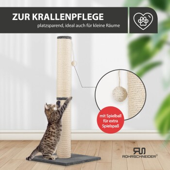 Katzen-Kratzbaum mit hängendem Ballspielzeug, platzsparend, ideal für kleine Räume, Text auf Deutsch.