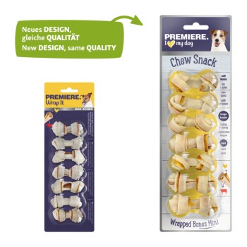Two dog chew snack packages: left, "PREMIERE Wrap It Mini Bones"; right, "I love my dog Chew Snack," both with a new design.