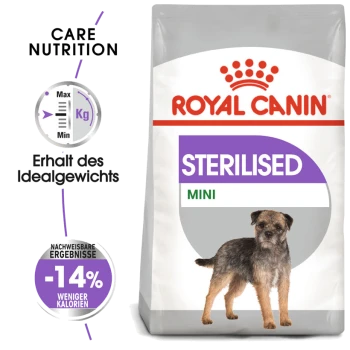 Royal Canin Sterilised Mini Hundefutterbeutel mit einer Illustration eines kleinen Hundes, mit Text, der auf Pflegeernährung und Gewichtsmanagement hinweist.