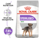 Royal Canin Sterilised Mini Hundefutterbeutel mit einer Illustration eines kleinen Hundes, mit Text, der auf Pflegeernährung und Gewichtsmanagement hinweist.