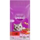 Sac de nourriture pour chats Whiskas présentant un chat gris espiègle avec un bol de croquettes, étiqueté '1+' et 'Mit leckerem RIND' en allemand, 1,9 kg.