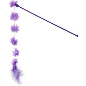 Purple cat teaser wand with hanging tulle flowers, feather plume and small bell