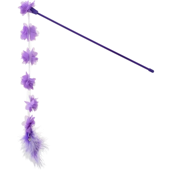 Purple cat teaser wand with hanging tulle flowers, feather plume and small bell