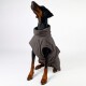 Ein Hund mit einem braun-schwarzen Fell wird von hinten gesehen, trägt eine weiche, graue Haustierdecke. Der Hintergrund ist schlicht weiß.