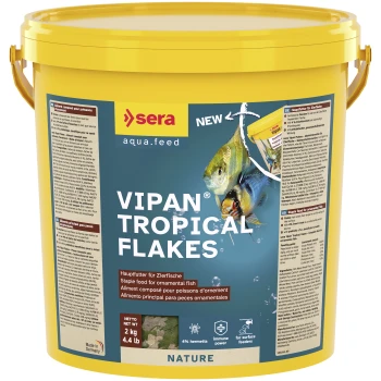 Gele emmer Sera Vipan Tropical Flakes hoofdvoeding voor siervissen, 2 kg, met visafbeeldingen op het etiket.
