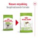 Royal Canin X-Small Adult 8+ hondenvoeding verpakking vergelijking, met nieuw ontwerp en geoptimaliseerde formule, met een afbeelding van een kleine hond.