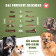 Geweih-Größentabelle S–XXL ganz/halb, Hunde halten Kauknochen; sichtbarer Text: 'Das perfekte Geschenk' & 'Für große und kleine Hunde'
