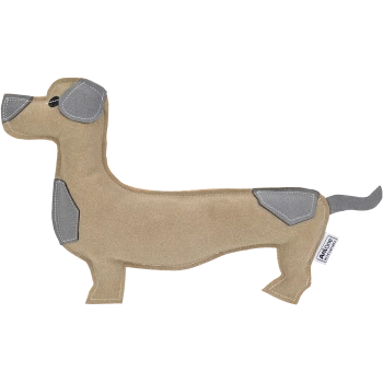A plush dog toy shaped like a dachshund, featuring a tan body with gray accents and stitched details, labeled "AniOne Wild Variety."