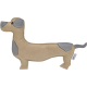 Ein plüschiges Hundespielzeug in Form eines Dackels, mit einem tanfarbenen Körper und grauen Akzenten sowie gestickten Details, beschriftet mit 'AniOne Wild Variety'.