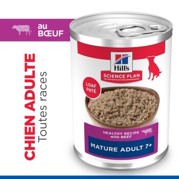 Boîte de nourriture pour chien Hill's Science Plan : pâté en terrine au bœuf Mature Adult 7+ ; étiquettes 'Chien Adulte', 'Recette saine'