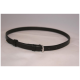 Schwarzes Leder-Haustierhalsband mit einer silbernen Schnalle und verstellbarem Riemen, auf einem weißen Hintergrund präsentiert.