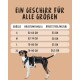 Ein Hund trägt ein Geschirr, daneben eine Größentabelle mit Maßen für die Größen S, M, L und XL auf Deutsch.