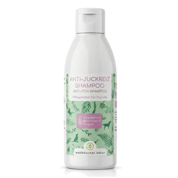 Flasche mit Anti-Juckreiz-Shampoo für Hunde, beschriftet mit "ANTI-JUCKREIZ SHAMPOO", mit Lavendel- und Kräuterillustrationen.