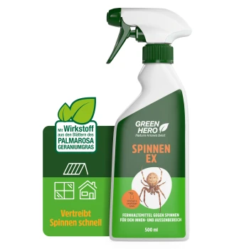 Weißes Sprayflasche beschriftet mit 'GREEN HERO' mit einer Spinnen-Grafik, mit dem Text 'Nature Knows Best' und 'Spinnen-EX'.