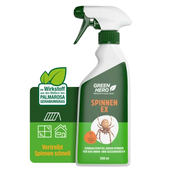 Weißes Sprayflasche beschriftet mit 'GREEN HERO' mit einer Spinnen-Grafik, mit dem Text 'Nature Knows Best' und 'Spinnen-EX'.