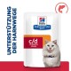 Hill's c/d Multicare Stress Haustierfutterverpackung mit weißem Hintergrund, Katzensilhouette und dem Text "Unterstützung der Harnwege".