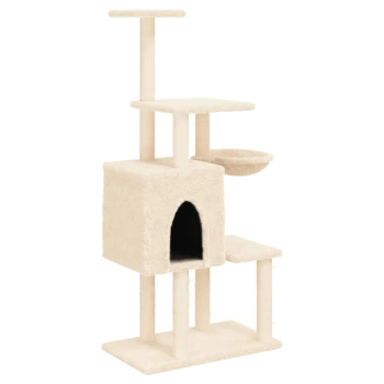 Cremefarbener Katzenbaum mit mehreren Ebenen, einem gemütlichen Versteck und einer Sitzgelegenheit, entworfen zum Klettern und Entspannen.