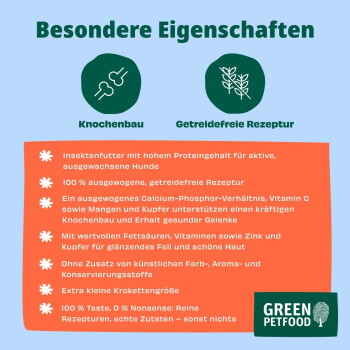 Label 'Besondere Eigenschaften' mit Symbolen 'Knochenbau' und 'Getreidefreie Rezeptur', deutschem Aufzählungstext und GREEN PETFOOD-Logo.