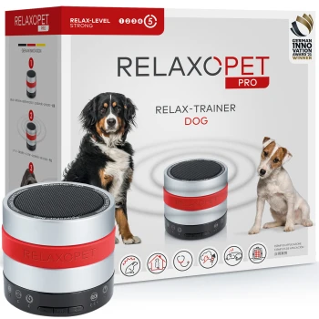 PRO Entspannungs-Trainer HUND RelaxoPet Pro Entspannungstrainer für Hunde, mit einem kompakten Lautsprecherdesign mit roten Akzenten, neben Bildern eines Hundes und eines Welpen.