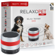 RelaxoPet Pro Entspannungstrainer für Hunde, mit einem kompakten Lautsprecherdesign mit roten Akzenten, neben Bildern eines Hundes und eines Welpen.